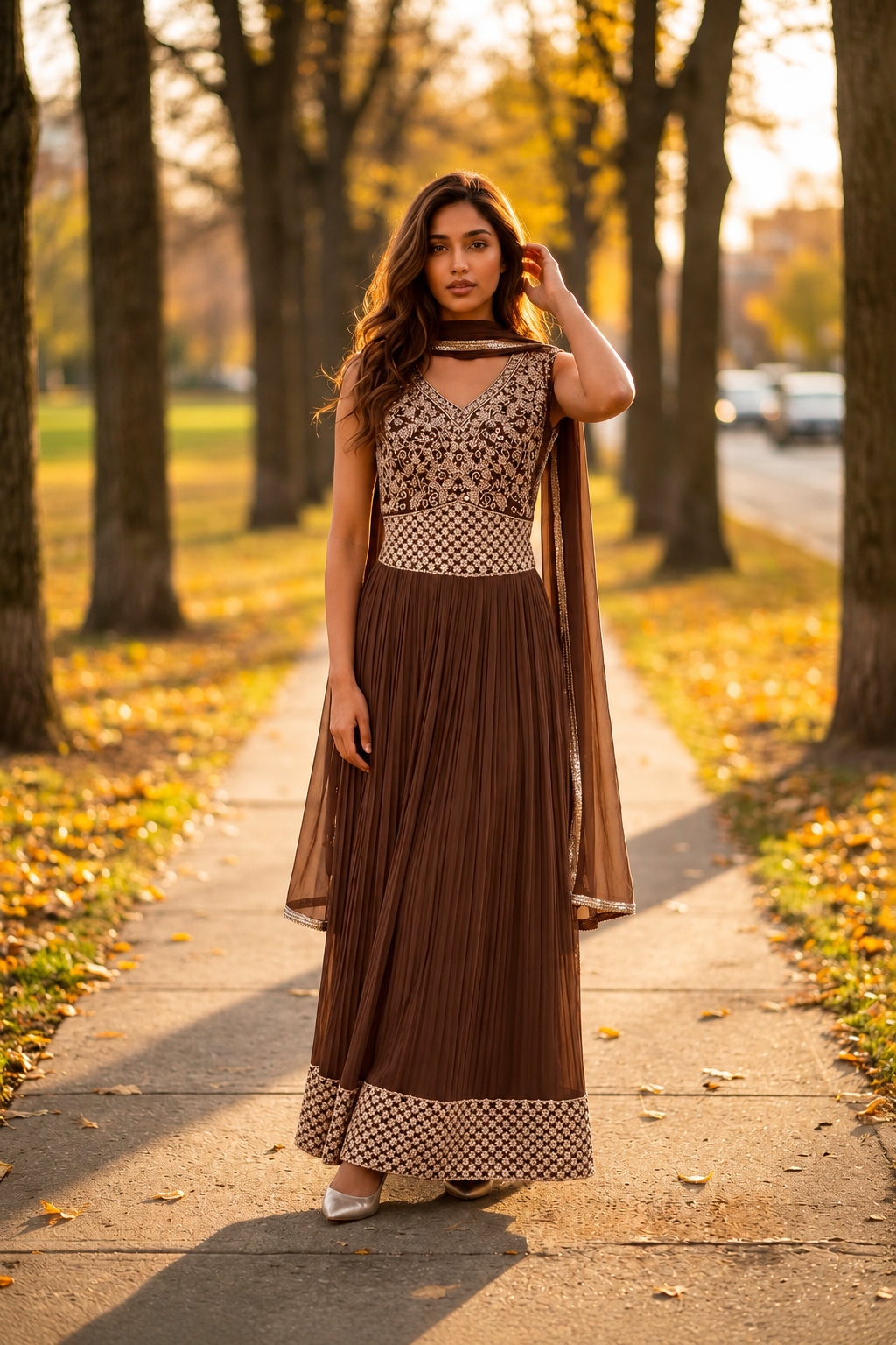Ritu Kumar Inspired Embroidered Crop Top Flared Skirt Set with Dupatta