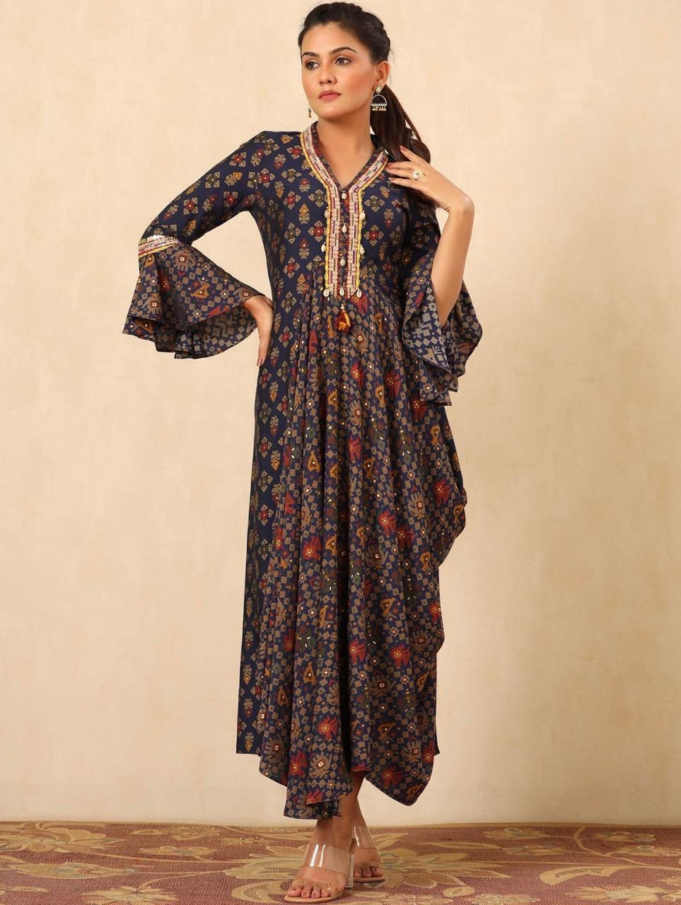 Indo Western Printed Dhoti Kurti with Shell & Lace Detail | Bell Sleeves