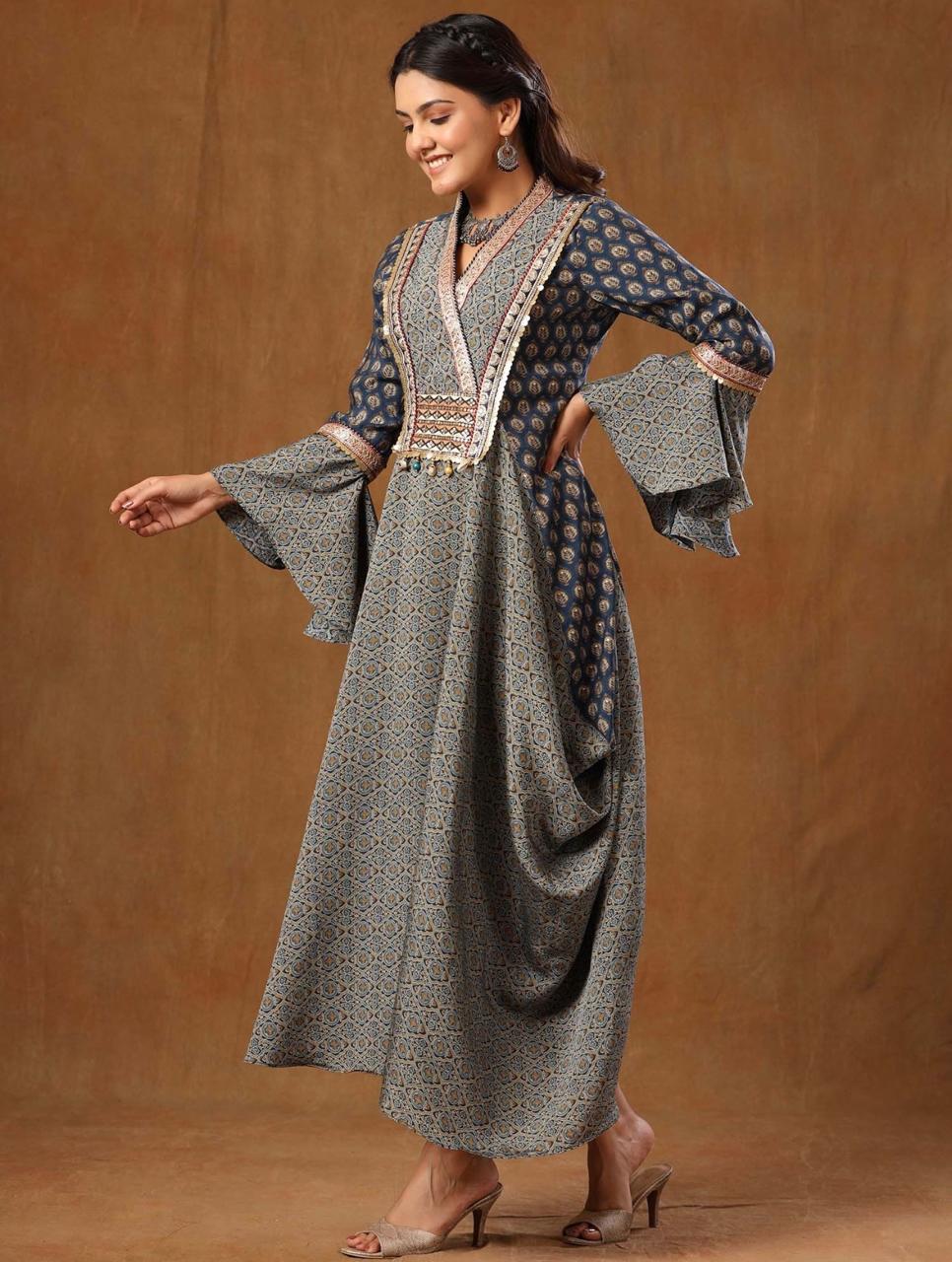 Indo Western Dhoti Gown with Embroidered Waistband & Bell Sleeves