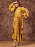 Indo Western Mustard Yellow Dhoti Gown | Folk Print, Bell Sleeves & Tassel Neckline