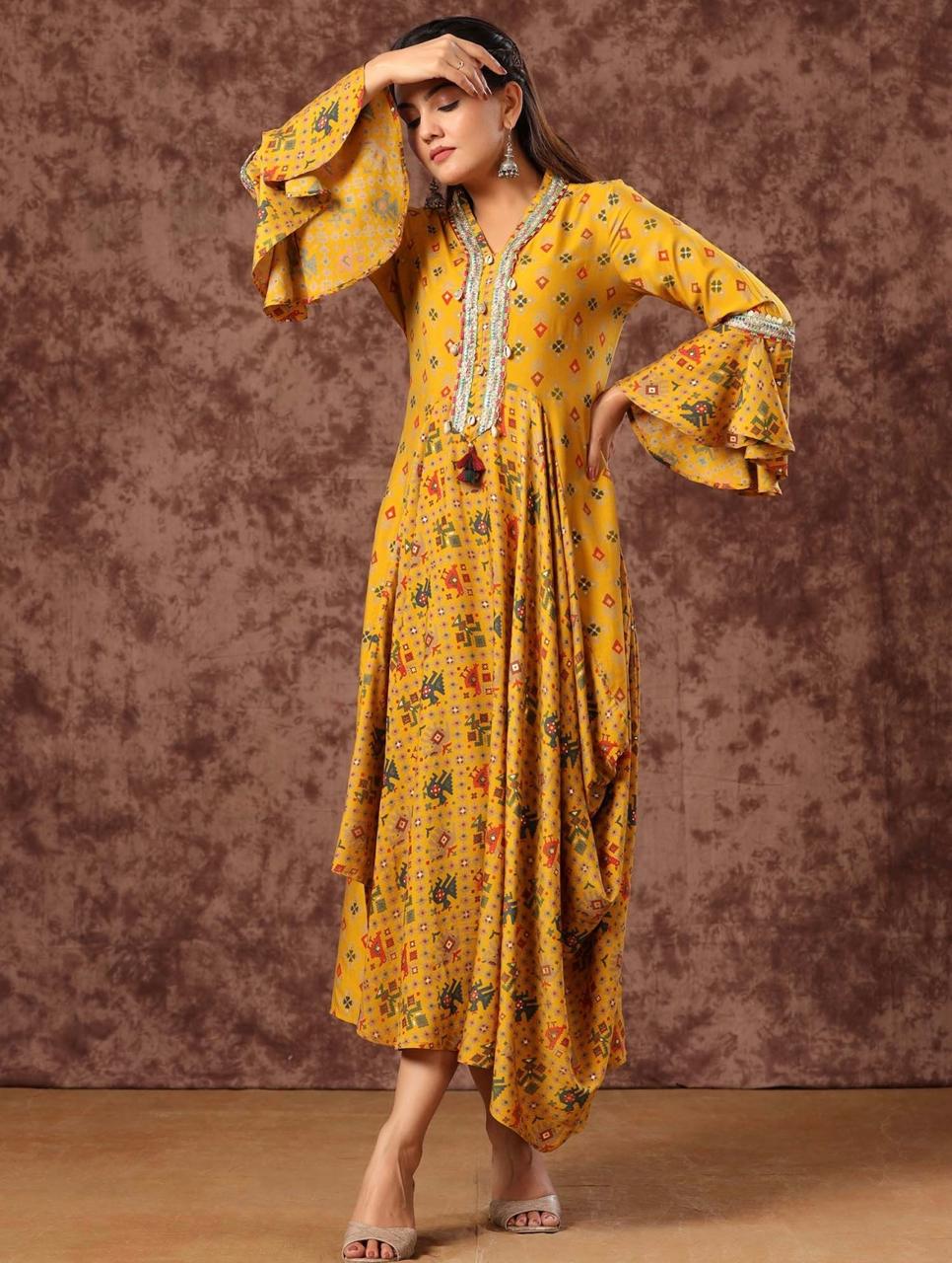 Indo Western Mustard Yellow Dhoti Gown | Folk Print, Bell Sleeves & Tassel Neckline