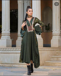 Indo Western Dark Green Printed Dhoti Dress with Mirror Work & Bell Sleeves