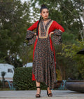 Indo Western Red & Brown Printed Dhoti Dress with Embroidered Neckline & Puff Sleeves