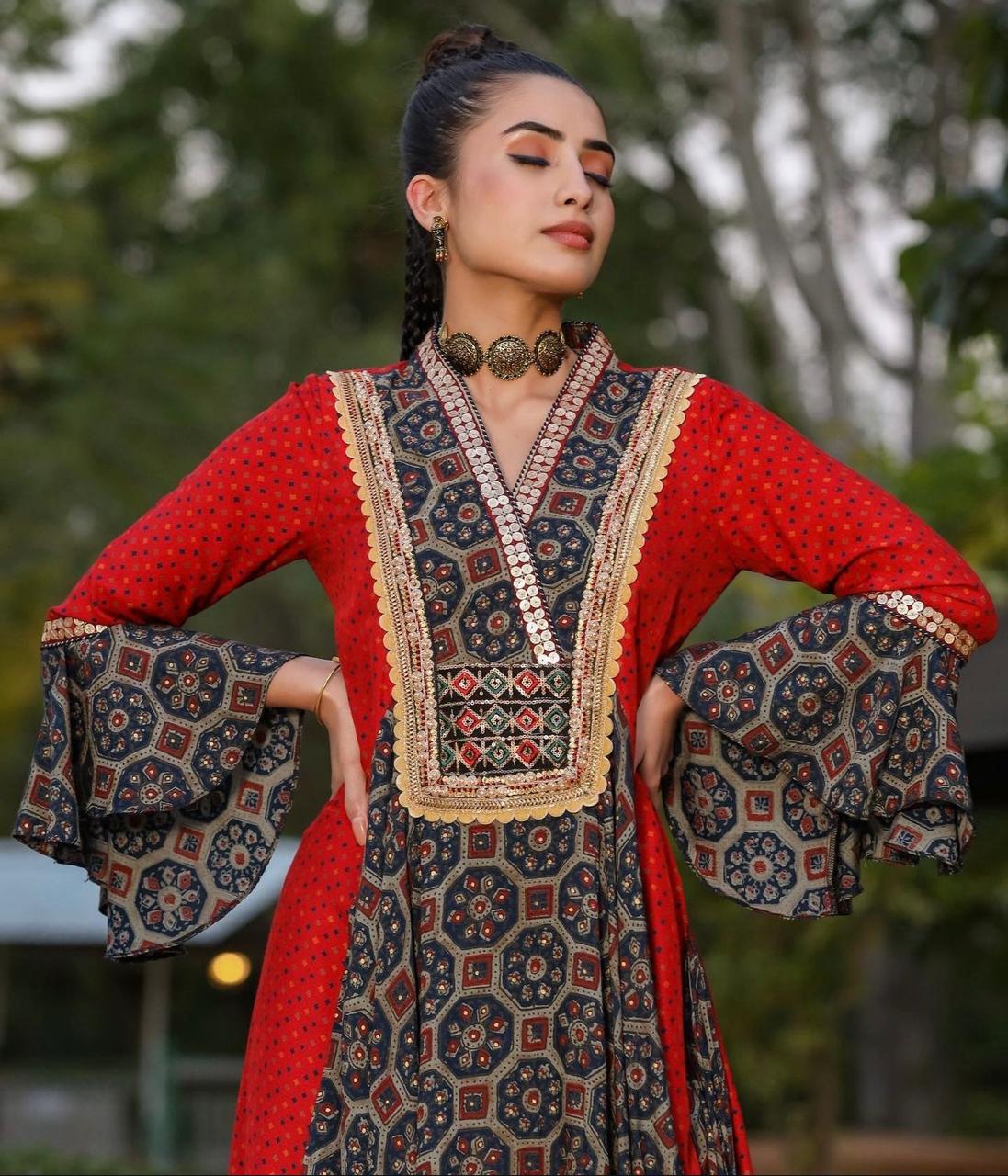Indo Western Red & Brown Printed Dhoti Dress with Embroidered Neckline & Puff Sleeves