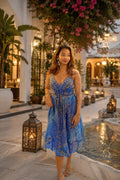 Royal Blue Printed Wrap Midi Dress | Cinched Waist & Deep V-Neckline