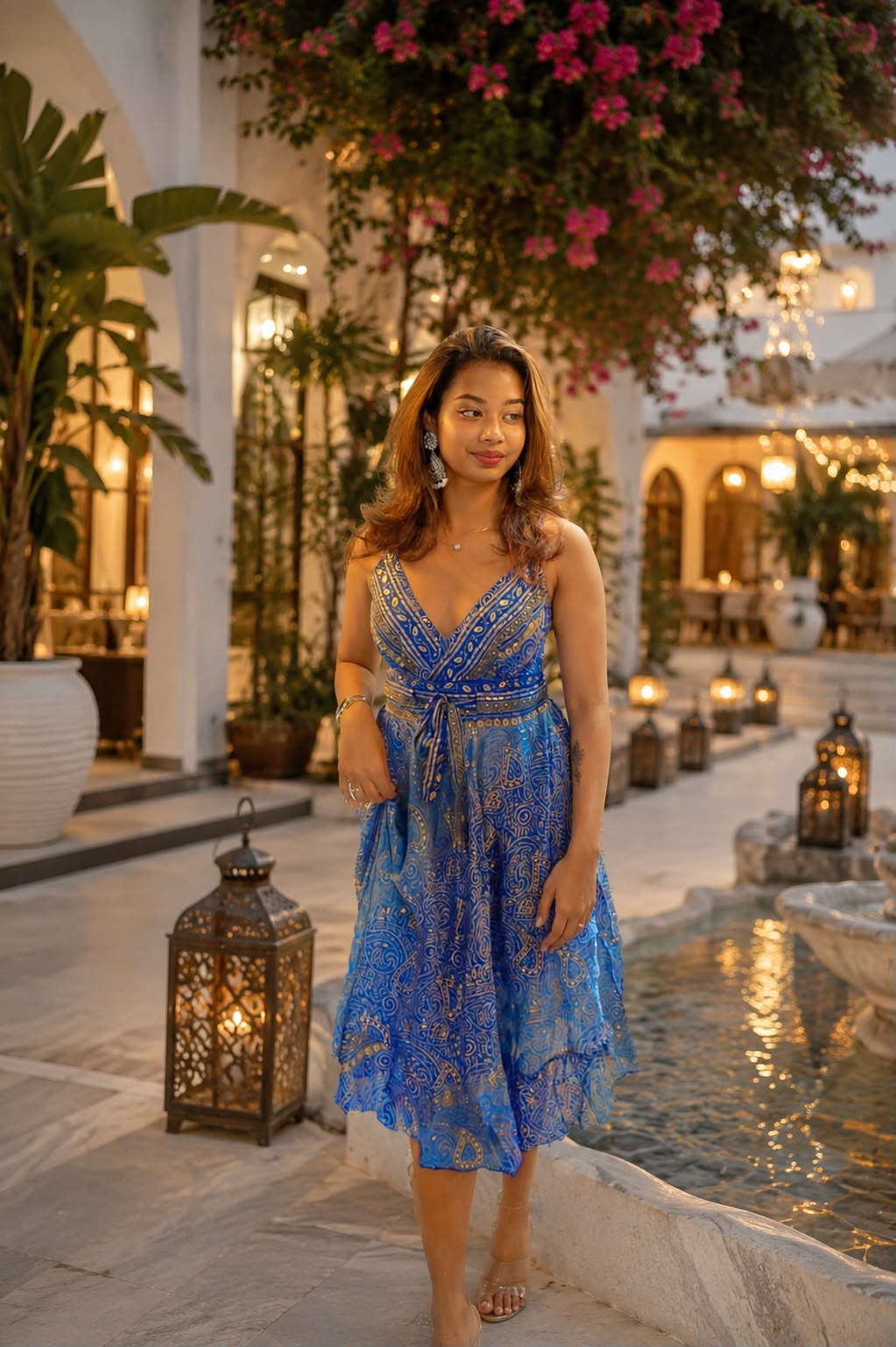 Royal Blue Printed Wrap Midi Dress | Cinched Waist & Deep V-Neckline