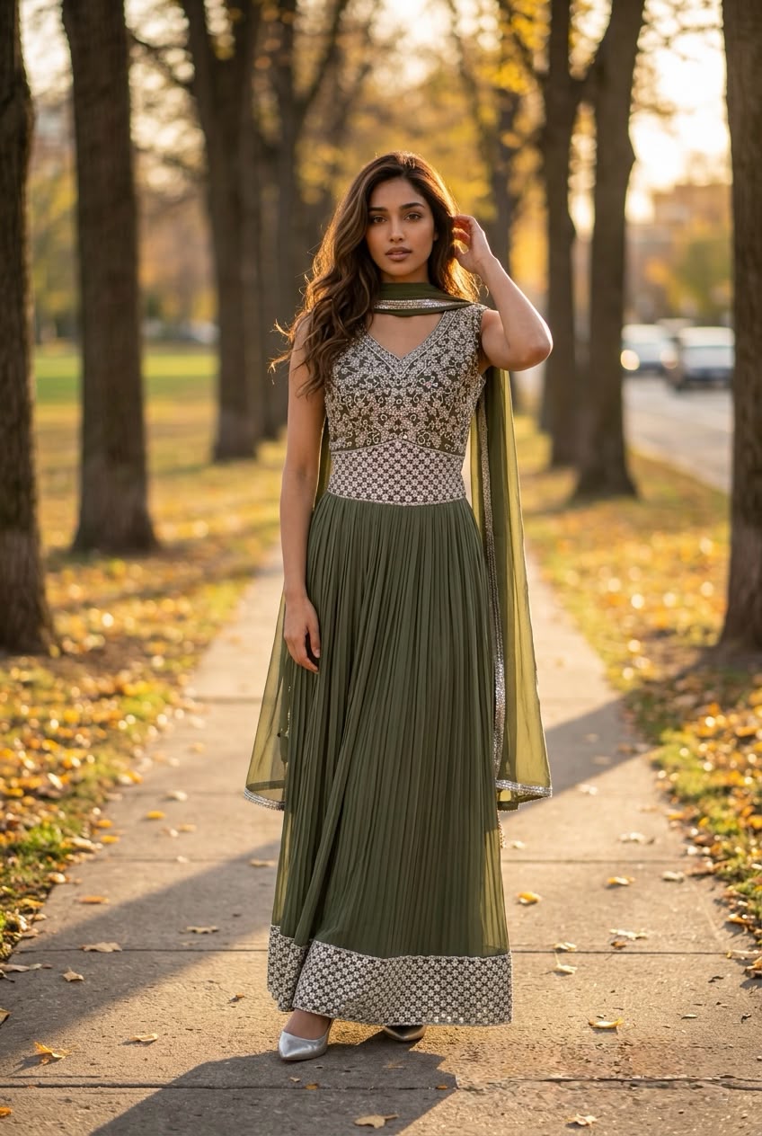 Ritu Kumar Inspired Embroidered Crop Top Flared Skirt Set with Dupatta