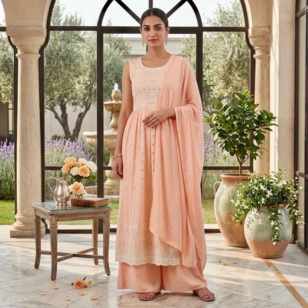 Abu Jani & Sandeep Khosla Inspired Embroidered Slit-Cut Kurta Palazzo Set with Dupatta