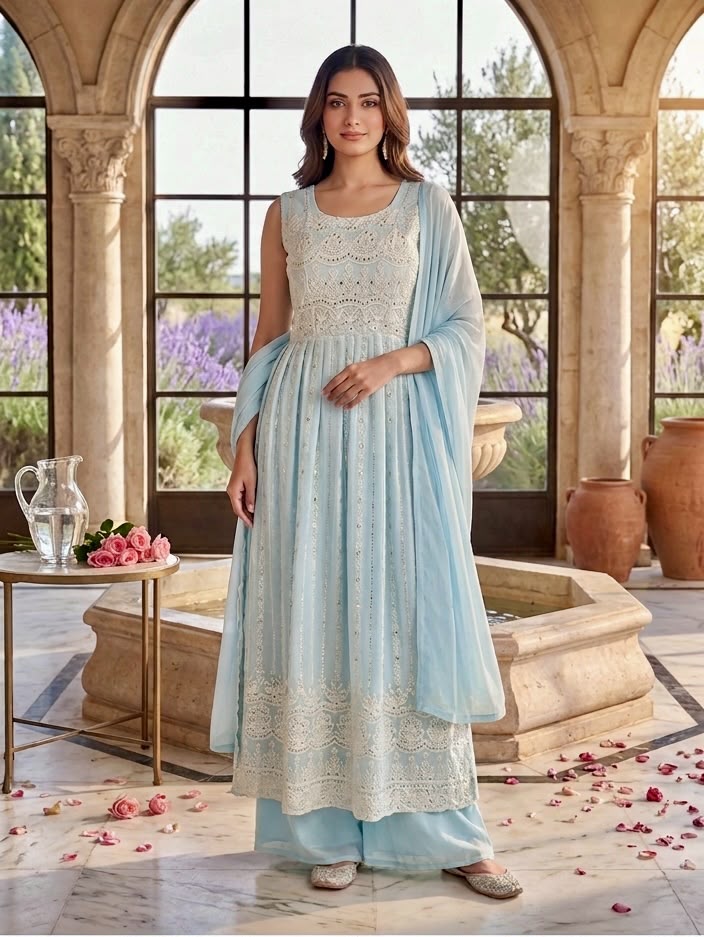 Abu Jani & Sandeep Khosla Inspired Embroidered Slit-Cut Kurta Palazzo Set with Dupatta