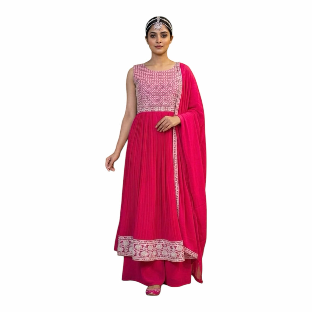 Pink Embroidered Slit-Cut Kurta Churidar Set with Dupatta