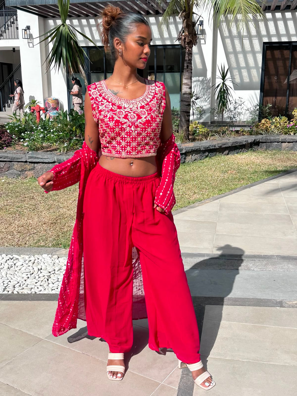 Red Embroidered 3-Piece Shrug Set | Crop Top, Palazzo Pants & Shrug
