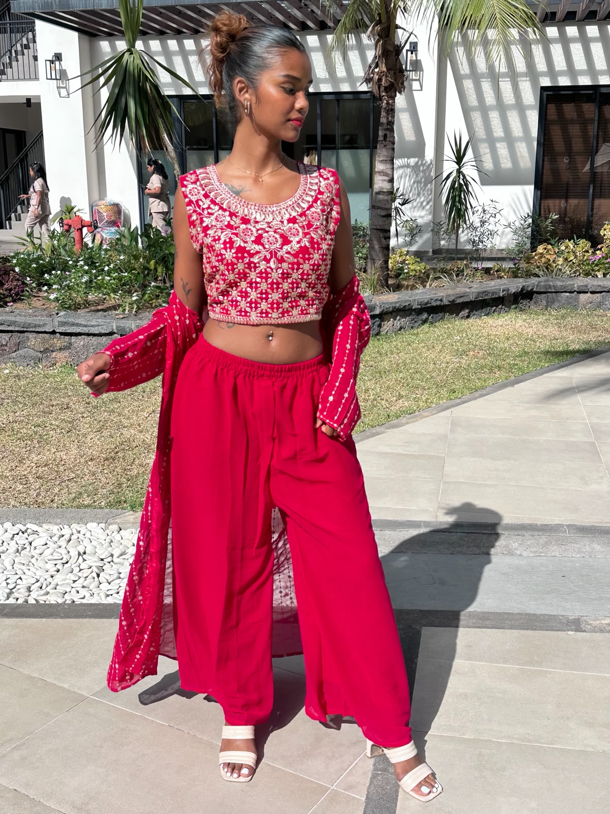 Red Embroidered 3-Piece Shrug Set | Crop Top, Palazzo Pants & Shrug
