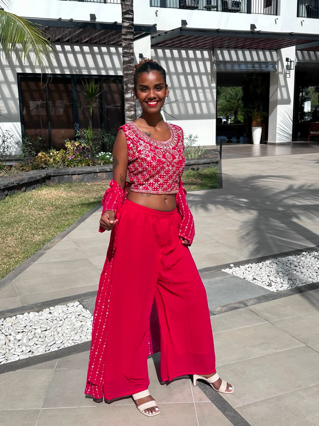 Red Embroidered 3-Piece Shrug Set | Crop Top, Palazzo Pants & Shrug