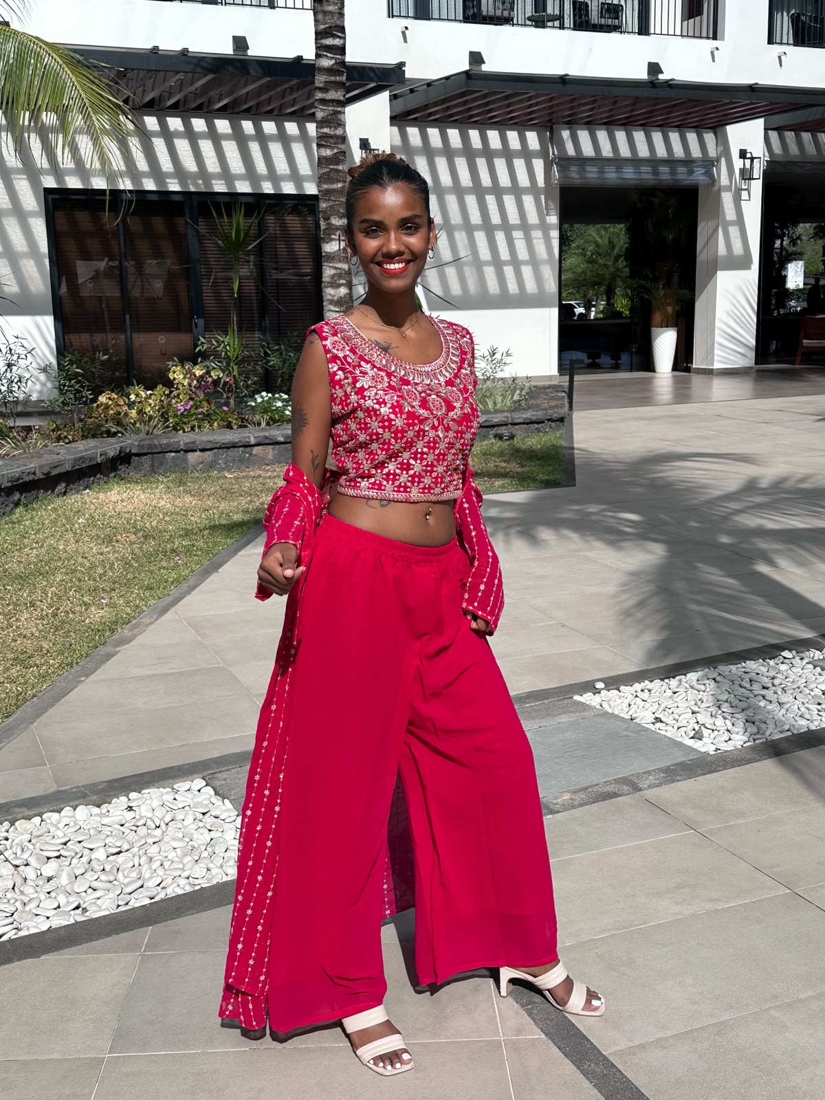 Red Embroidered 3-Piece Shrug Set | Crop Top, Palazzo Pants & Shrug