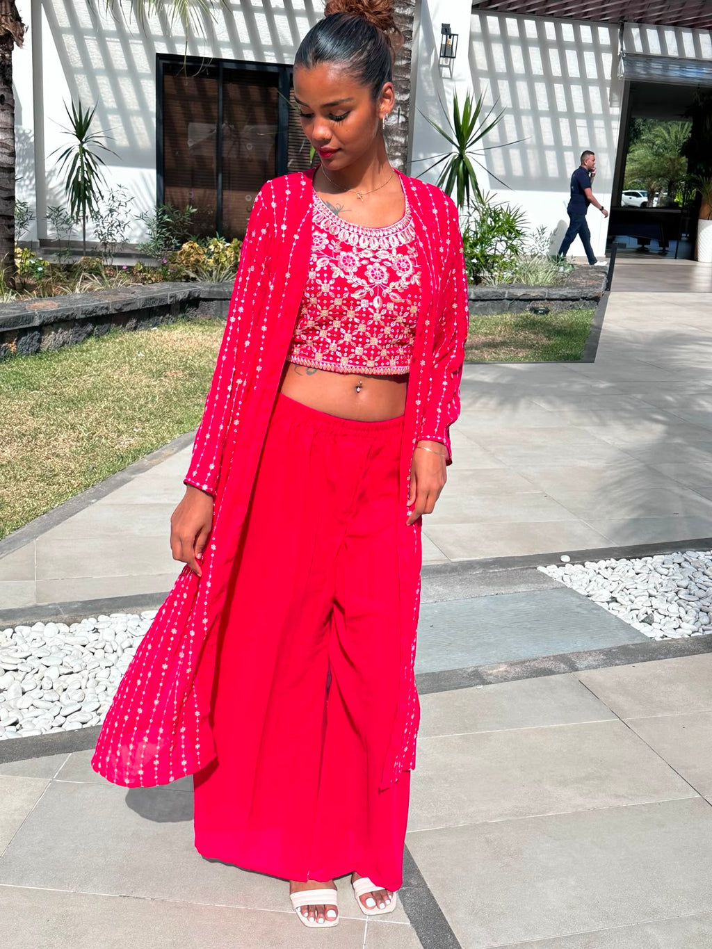 Red Embroidered 3-Piece Shrug Set | Crop Top, Palazzo Pants & Shrug