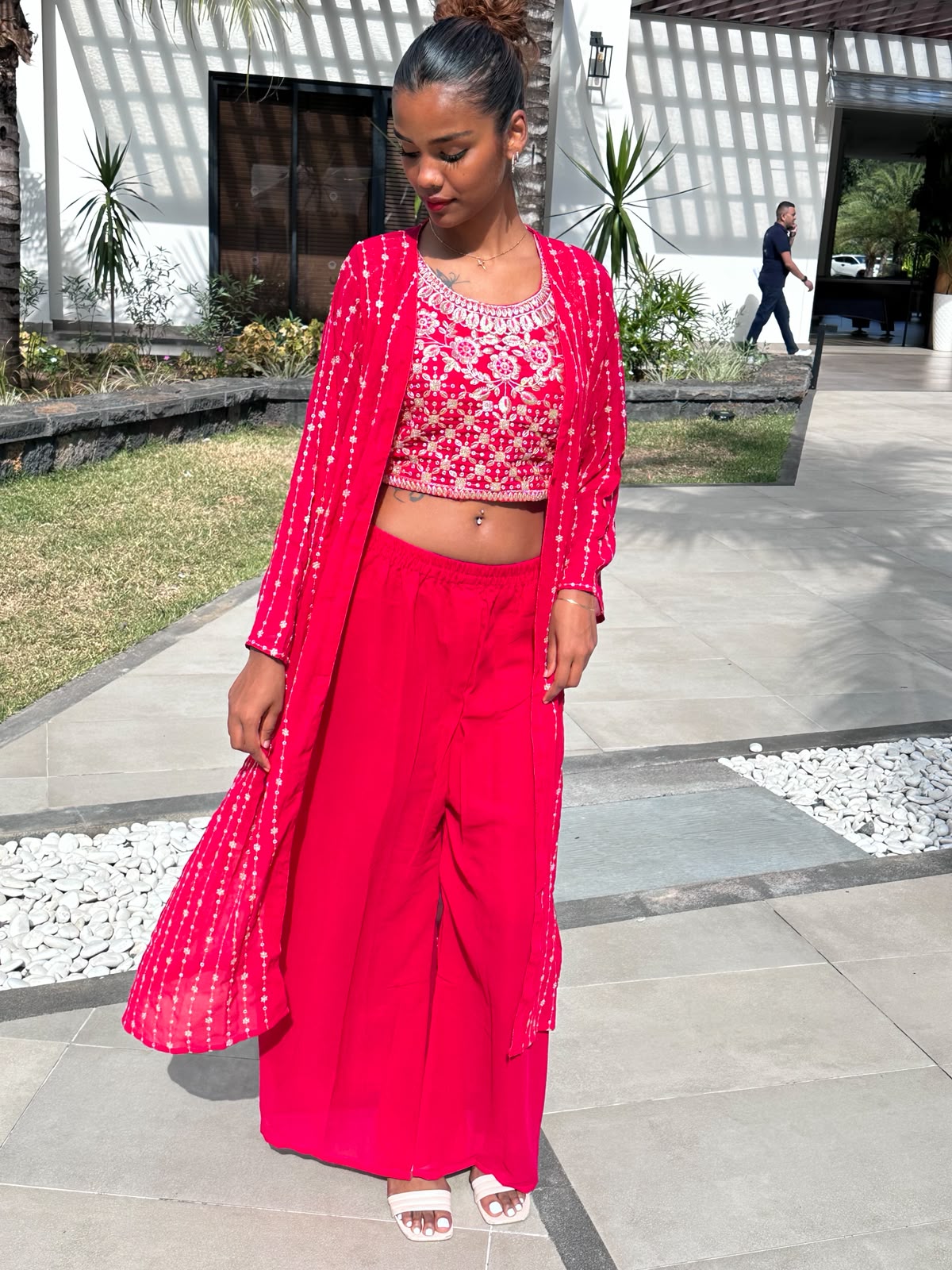 Red Embroidered 3-Piece Shrug Set | Crop Top, Palazzo Pants & Shrug