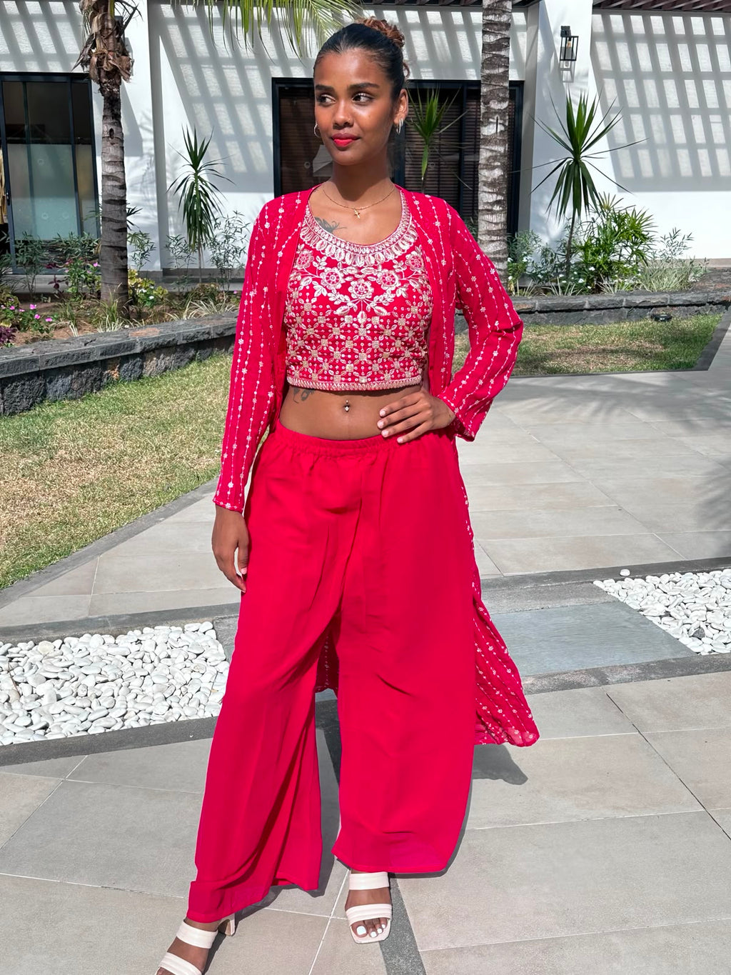 Red Embroidered 3-Piece Shrug Set | Crop Top, Palazzo Pants & Shrug