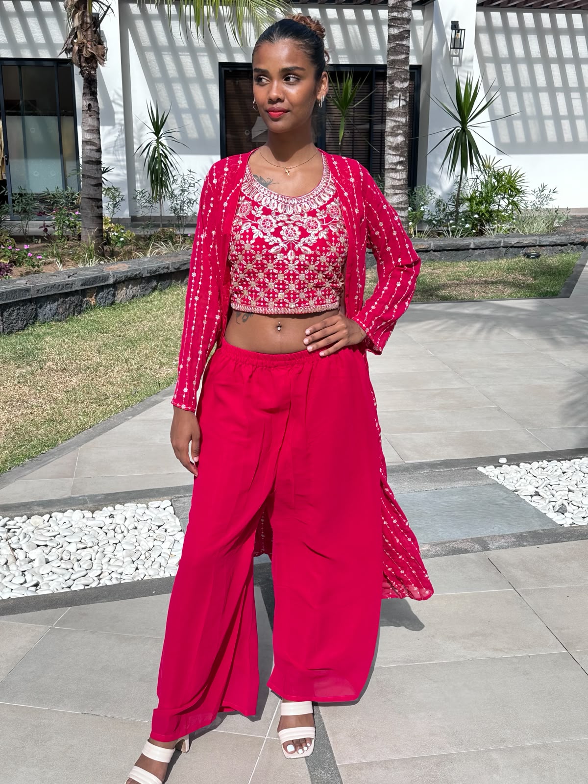 Red Embroidered 3-Piece Shrug Set | Crop Top, Palazzo Pants & Shrug