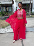 Red Embroidered 3-Piece Shrug Set | Crop Top, Palazzo Pants & Shrug