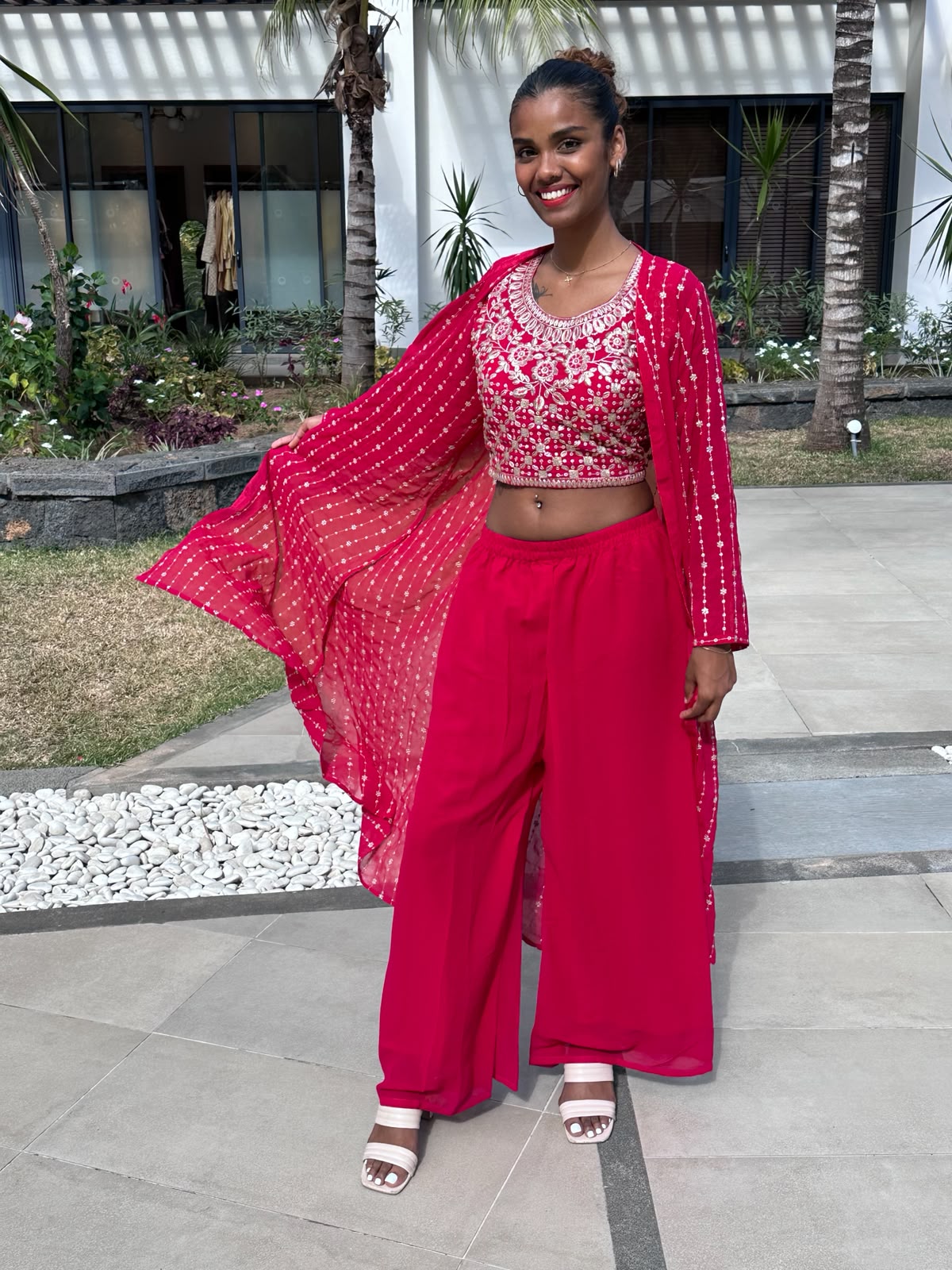 Red Embroidered 3-Piece Shrug Set | Crop Top, Palazzo Pants & Shrug