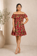 Tropical Leaf Print Off Shoulder Ruffle Mini Dress