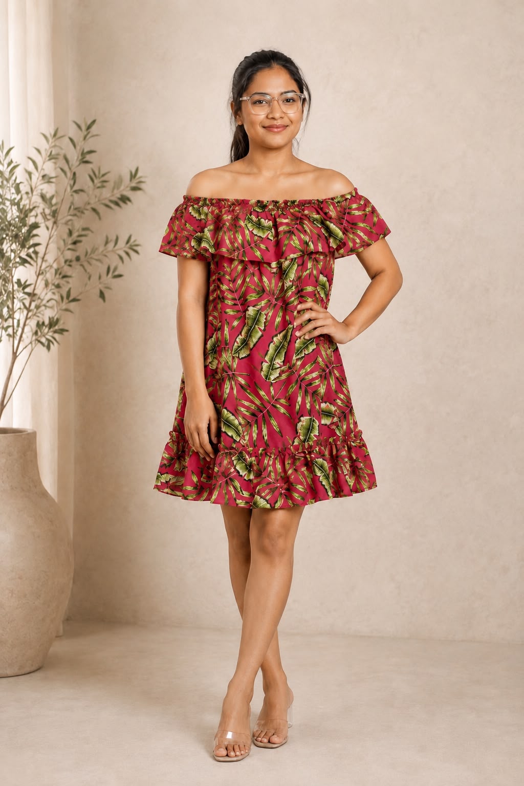 Tropical Leaf Print Off Shoulder Ruffle Mini Dress