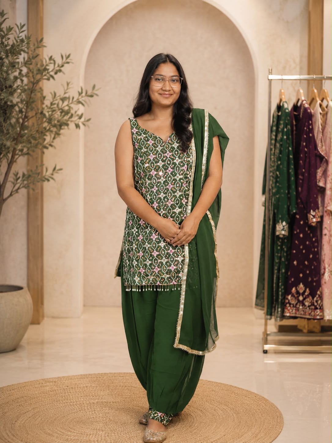Green Embroidered Punjabi Churidar Suit with Dupatta