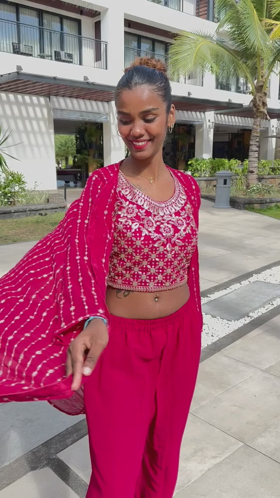 Red Embroidered 3-Piece Shrug Set | Crop Top, Palazzo Pants & Shrug