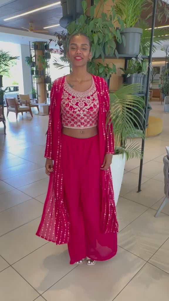 Red Embroidered 3-Piece Shrug Set | Crop Top, Palazzo Pants & Shrug