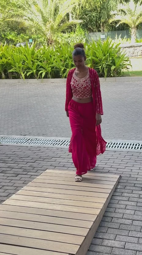 Red Embroidered 3-Piece Shrug Set | Crop Top, Palazzo Pants & Shrug